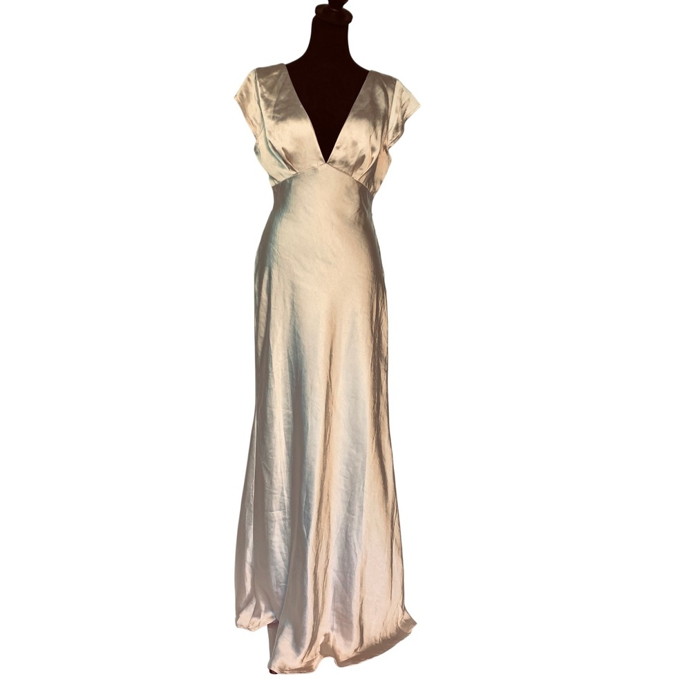 Selfie Leslie size Large Champagne Satin Maxi Dress V-Neck Open Back Gown